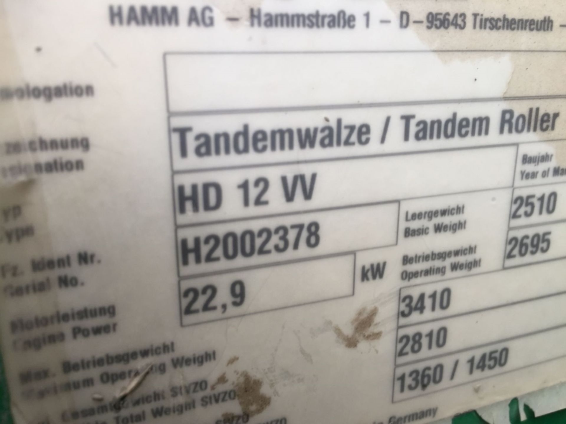 2013 Hamm HD12W Vibratory Tandem Roller, - Image 19 of 20