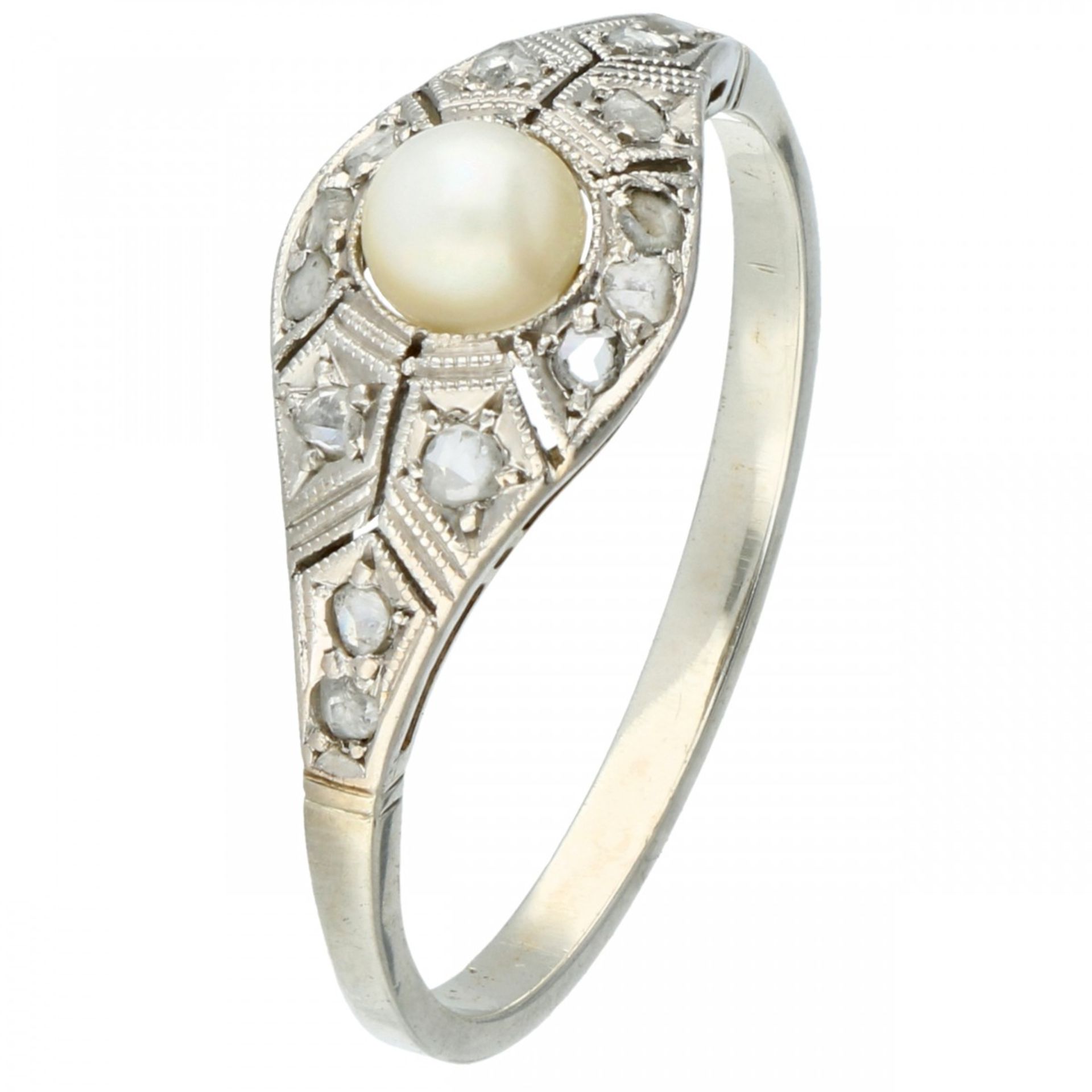 White gold Art Deco ring, with diamond and cultivated freshwater pearl - 18 ct.