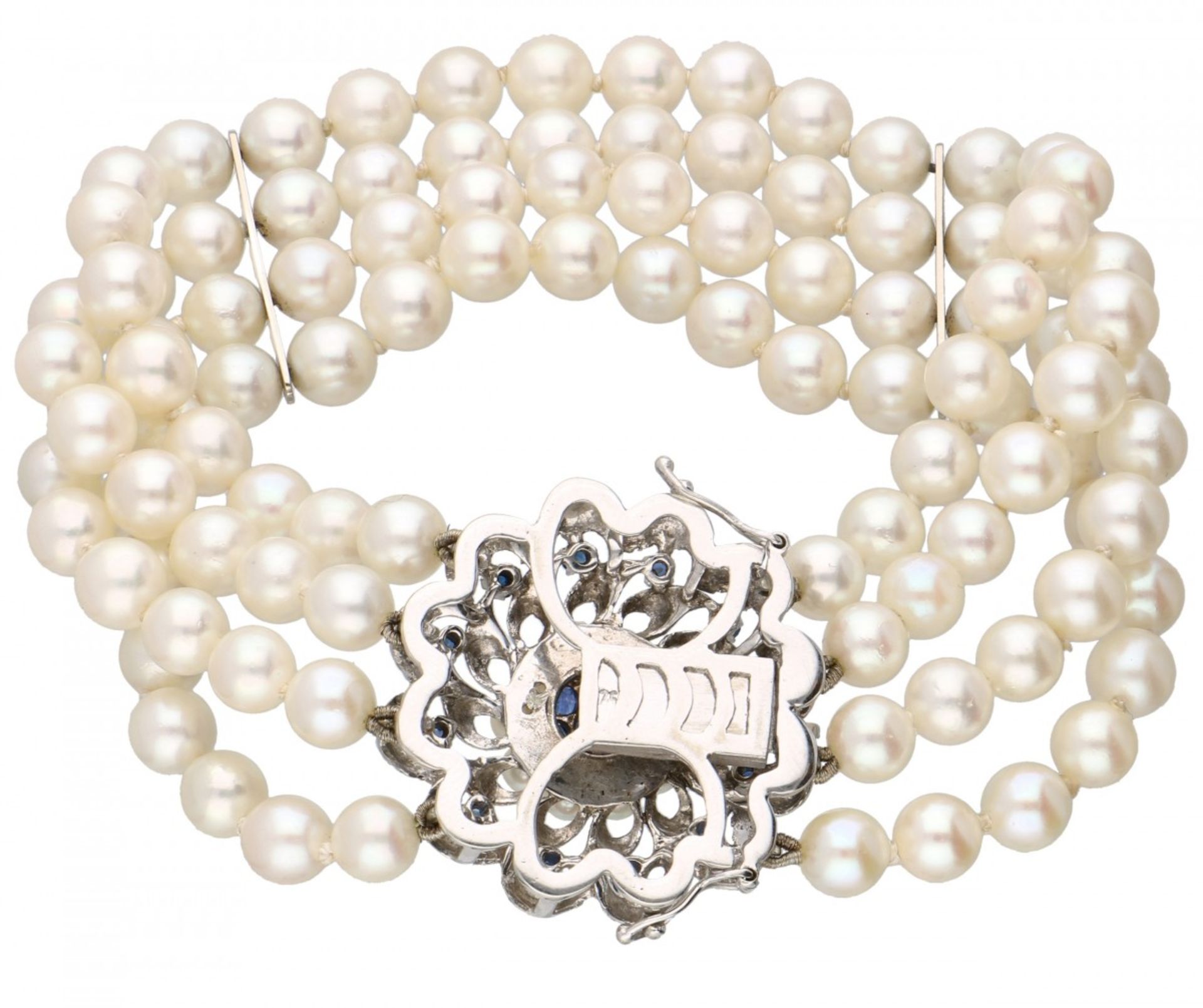 Four-row cultivated pearl bracelet with a white gold closure set with natural sapphire - 18 ct. - Bild 3 aus 3