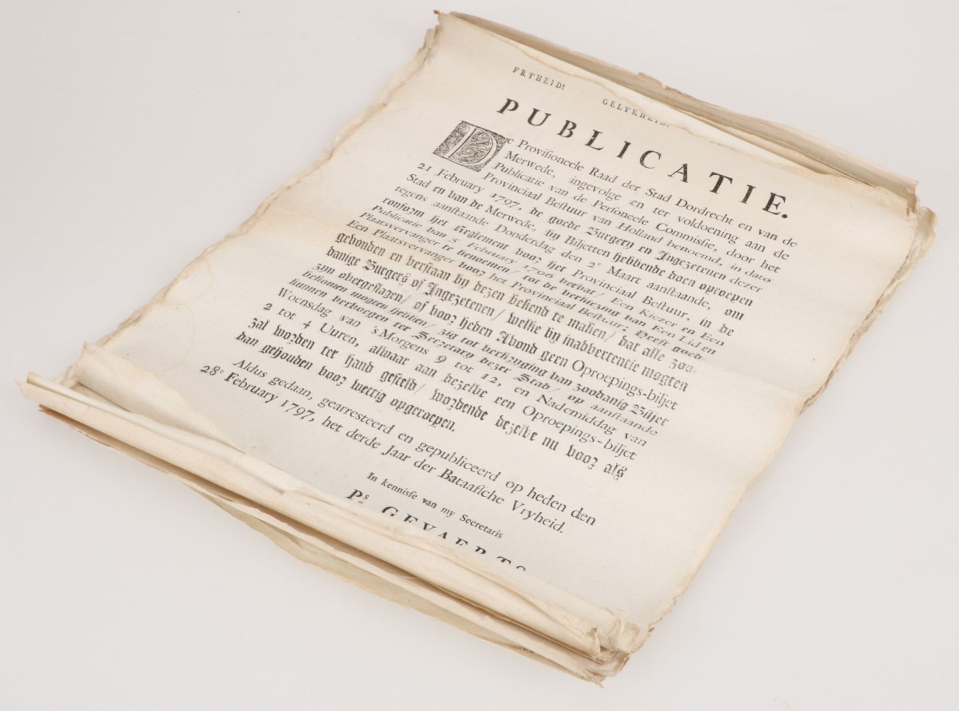 A proclamation of the city council of Dordrecht, from the Batavian Republic, 1797