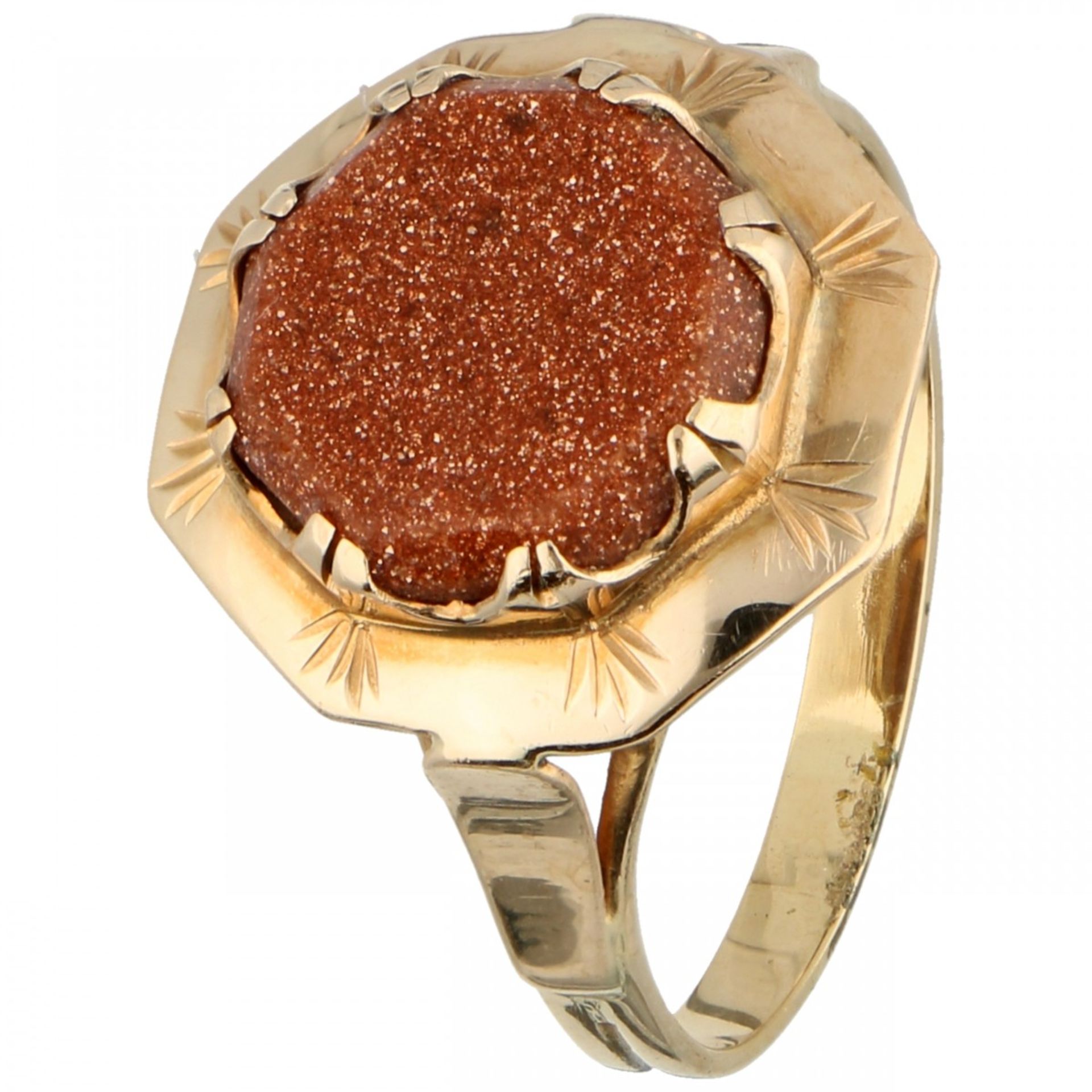 Yellow gold solitaire ring, with goldstone - 14 ct.