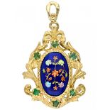Yellow gold open worked pendant, with natural emerald and multicolored enamel - 18 ct.