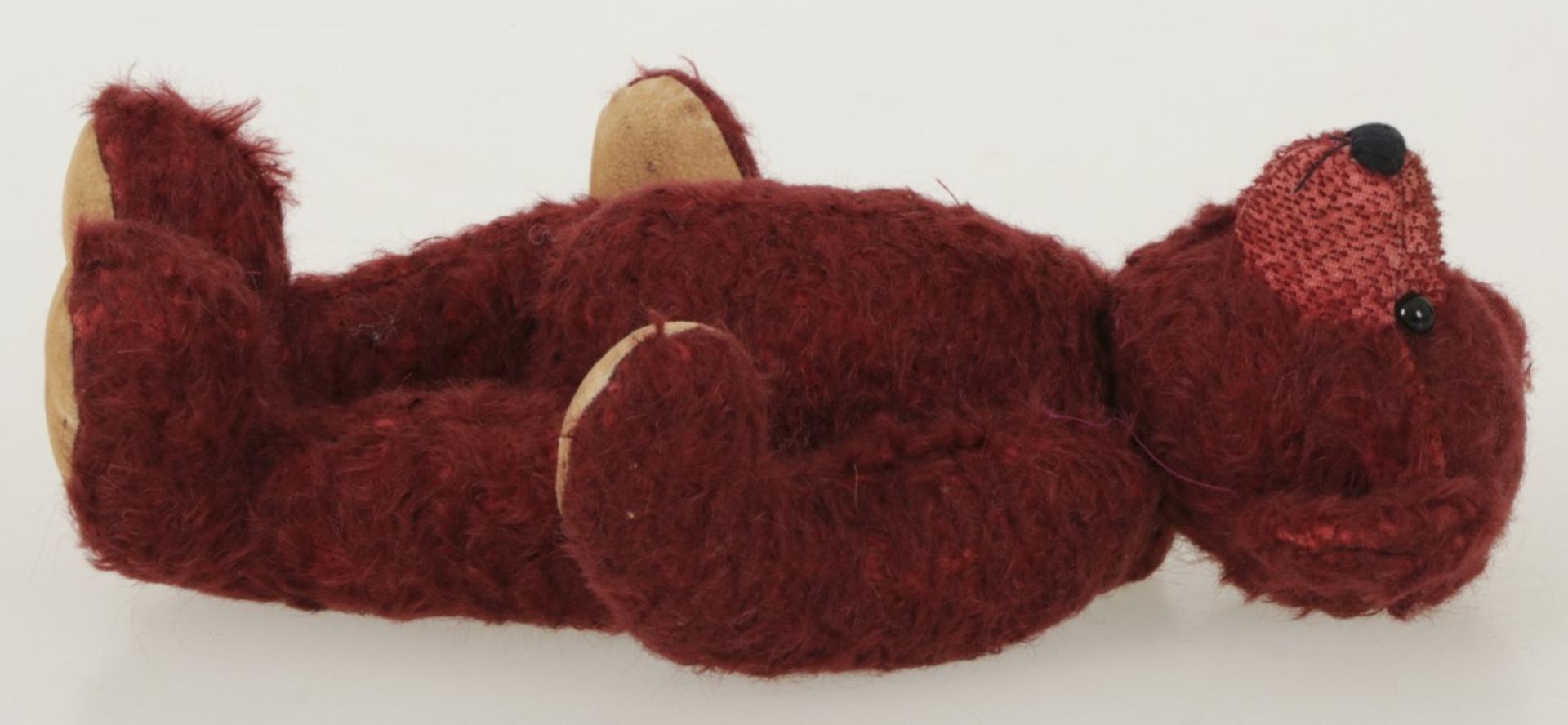 A burgundy coloured so-called 'Teddy' bear. Possibly Steiff. - Image 2 of 2