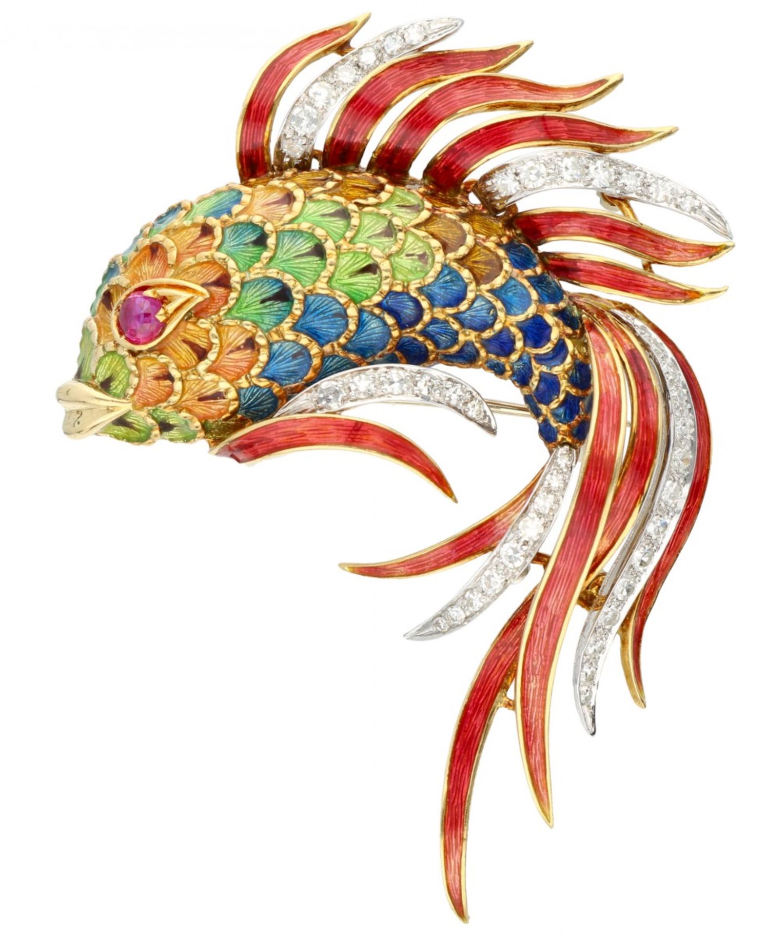 Yellow gold brooch of a fish with veil tail, with approx. 1.44 ct. diamond, natural ruby and cloison