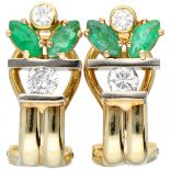 Bicolor gold earrings, with approx. 0.36 ct. diamond and natural emerald - 14 ct.