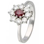 White gold rosette ring, with approx. 0.48 ct. diamond and synthetic ruby - 18 ct.