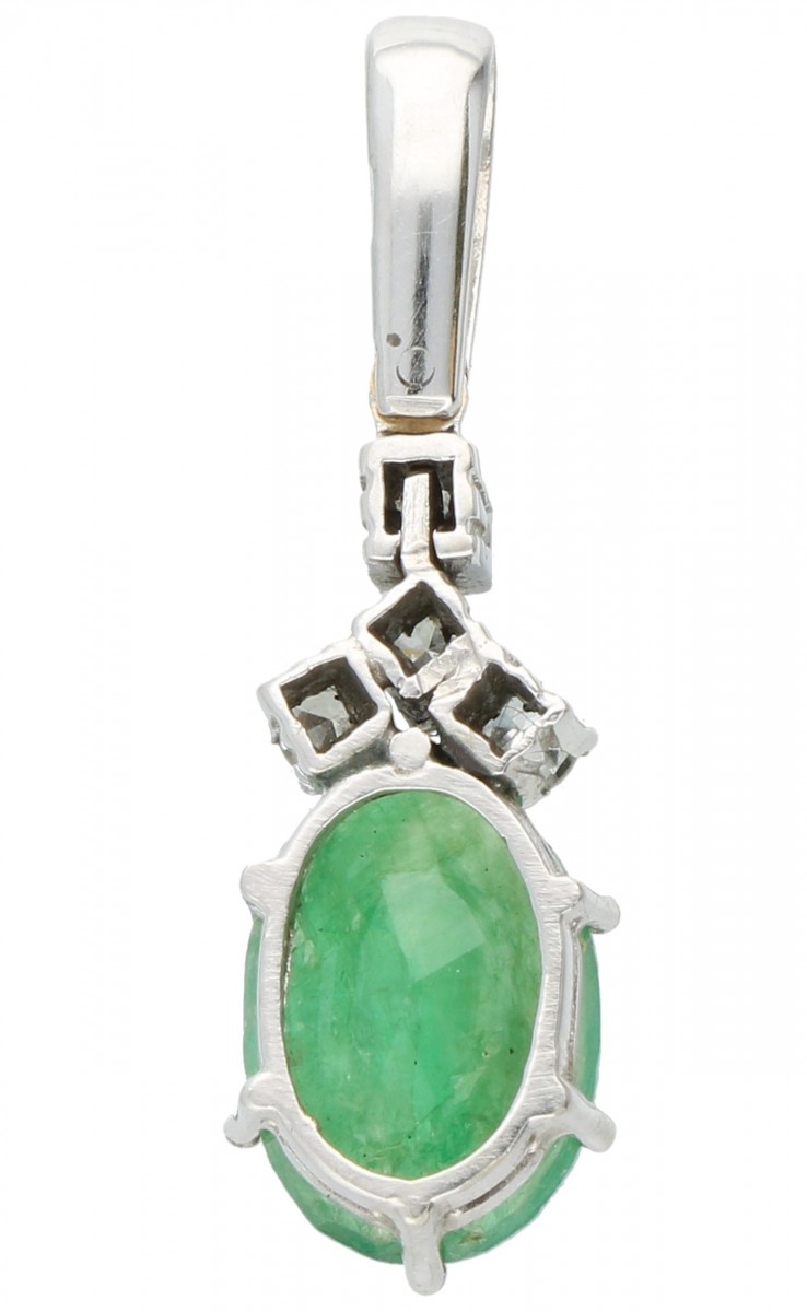 White gold pendant, with approx. 0.12 ct. diamond and natural emerald - 18 ct. - Image 2 of 2