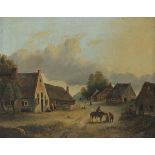 Dutch School, 19th Century, A hamlet with figures on a sandy track. .