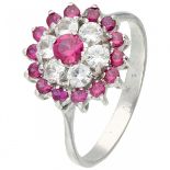 White gold rosette ring, with synthetic white spinel and synthetic ruby - 18 ct.