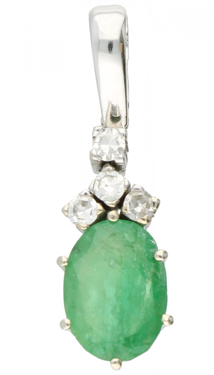 White gold pendant, with approx. 0.12 ct. diamond and natural emerald - 18 ct.