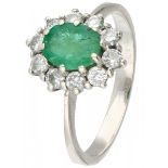 White gold rosette ring, with approx. 0.30 ct. diamond and natural emerald - 18 ct.