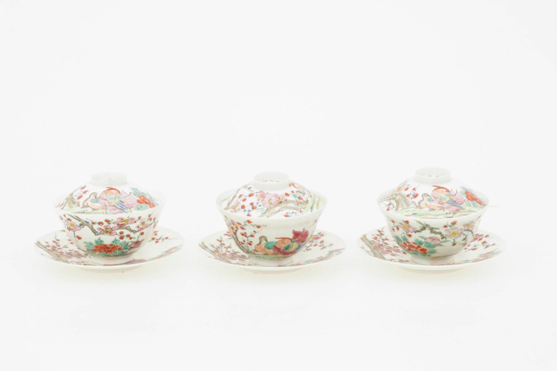 A set of (3) eggshell porcelain lidded bowls marked: Hirado Zo Mikawashi, Japan, 19th century.