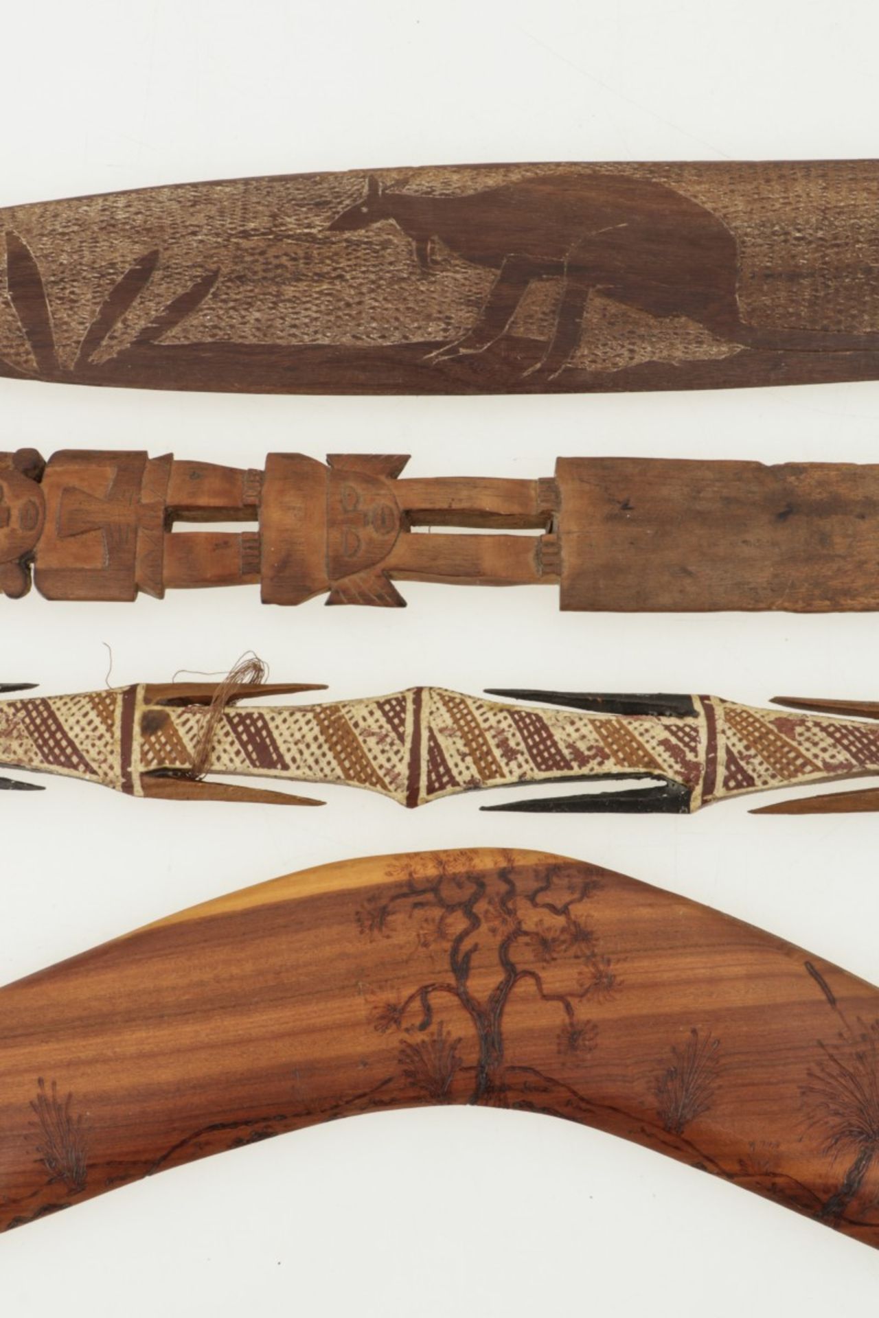 A lot comprising of (4) tribal objects a.w. two boomerangs, an Aboriginal fishing dagger, and a ritu - Image 2 of 2