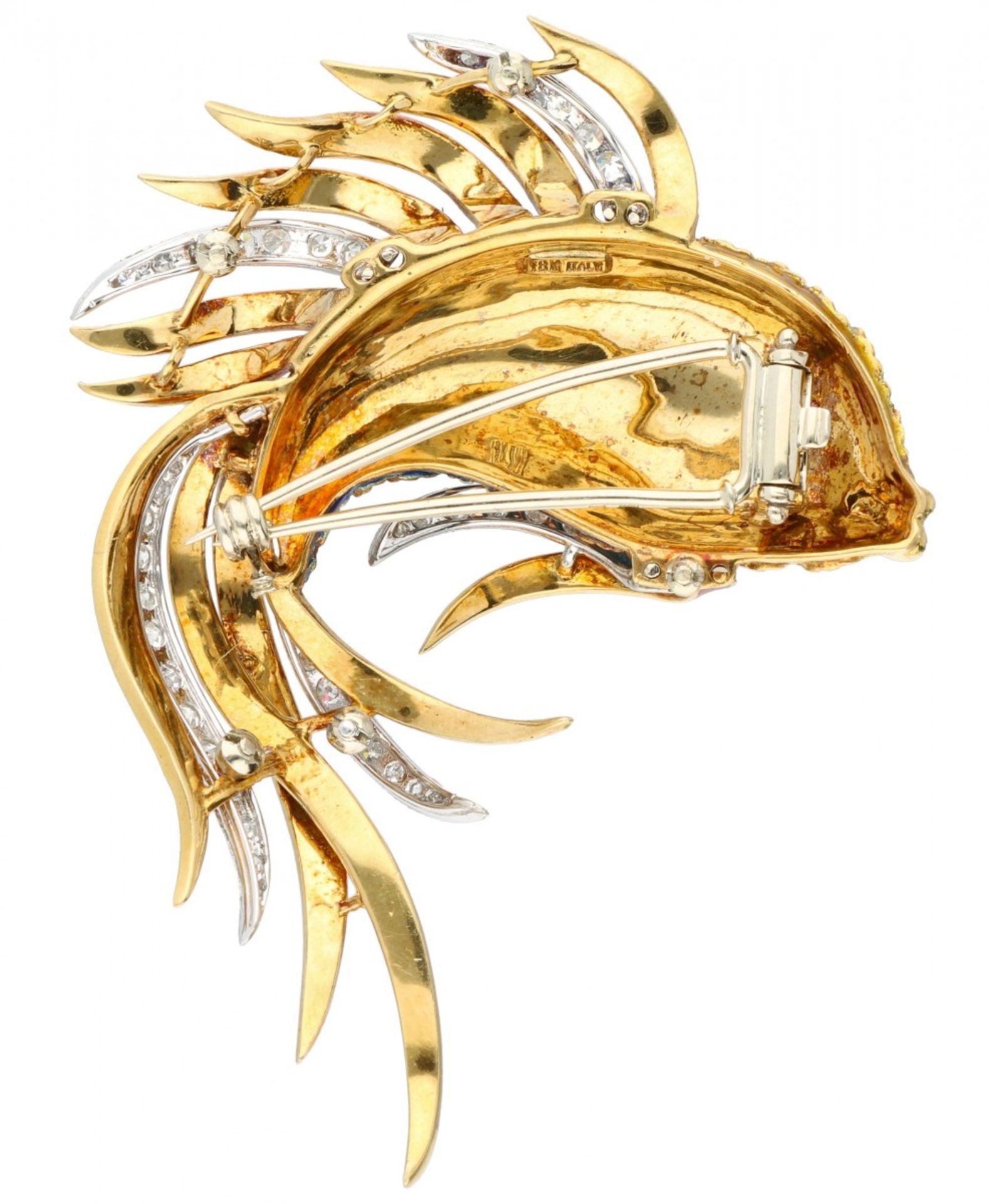 Yellow gold brooch of a fish with veil tail, with approx. 1.44 ct. diamond, natural ruby and cloison - Bild 2 aus 4