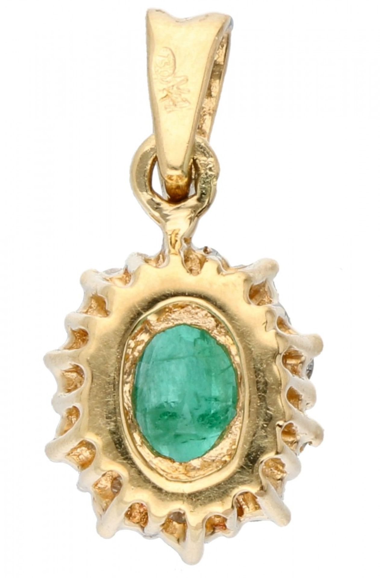 Yellow gold rosette pendant, with approx. 0.40 ct. diamond and natural emerald - 18 ct. - Bild 2 aus 2
