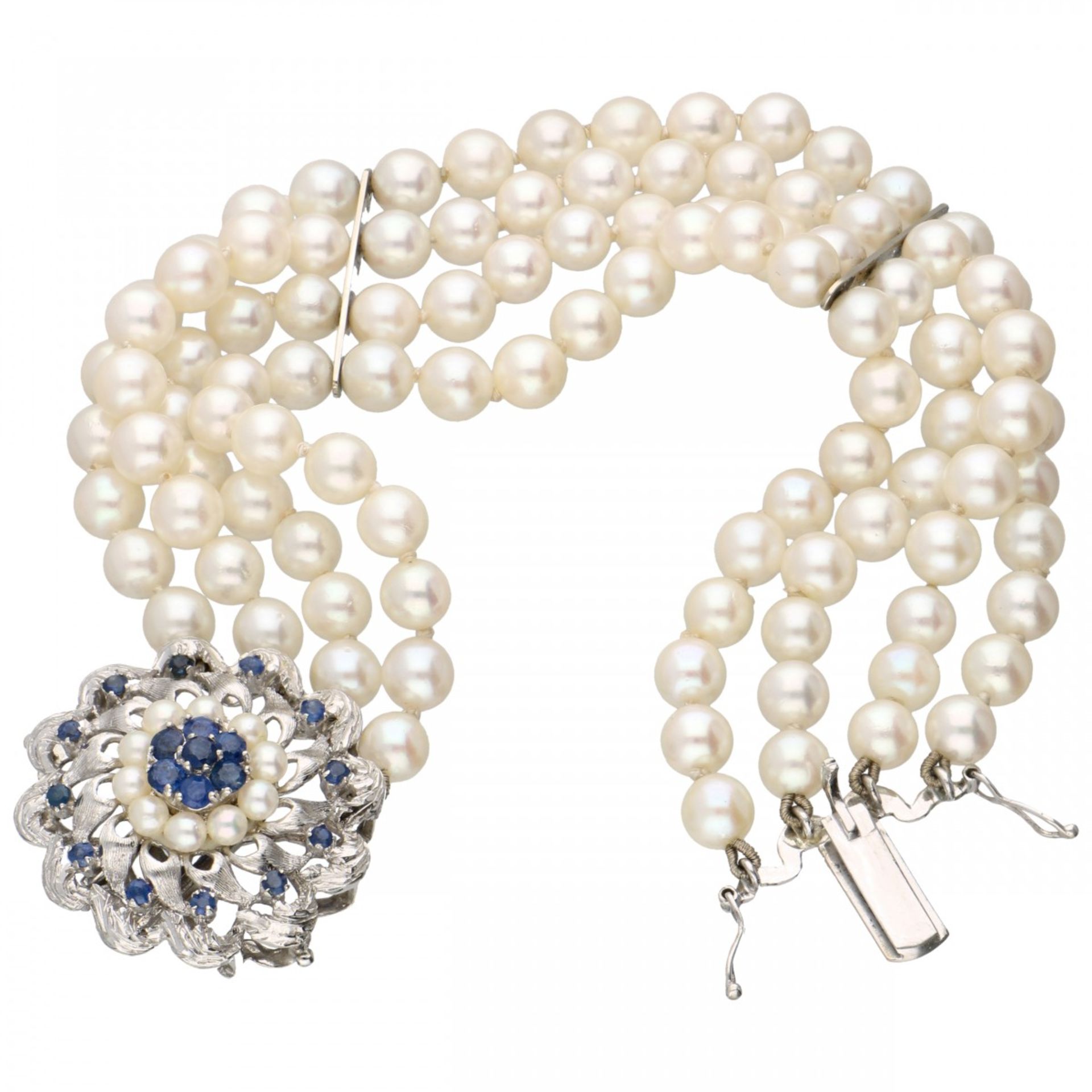 Four-row cultivated pearl bracelet with a white gold closure set with natural sapphire - 18 ct. - Bild 2 aus 3