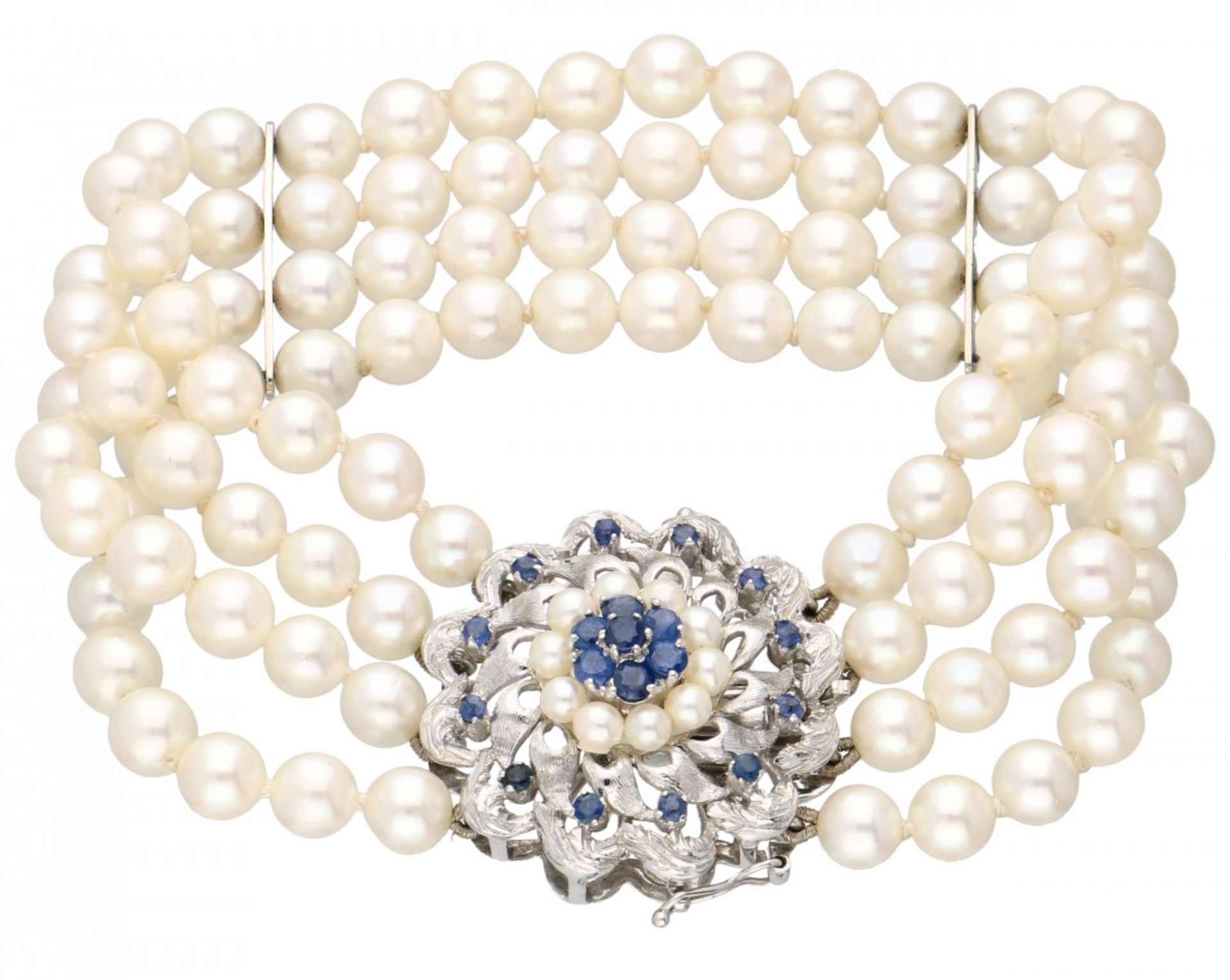 Four-row cultivated pearl bracelet with a white gold closure set with natural sapphire - 18 ct.