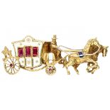 Bicolor gold horse-drawn carriage, with synthetic ruby and white / blue enamel - 18 ct.