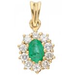 Yellow gold rosette pendant, with approx. 0.40 ct. diamond and natural emerald - 18 ct.