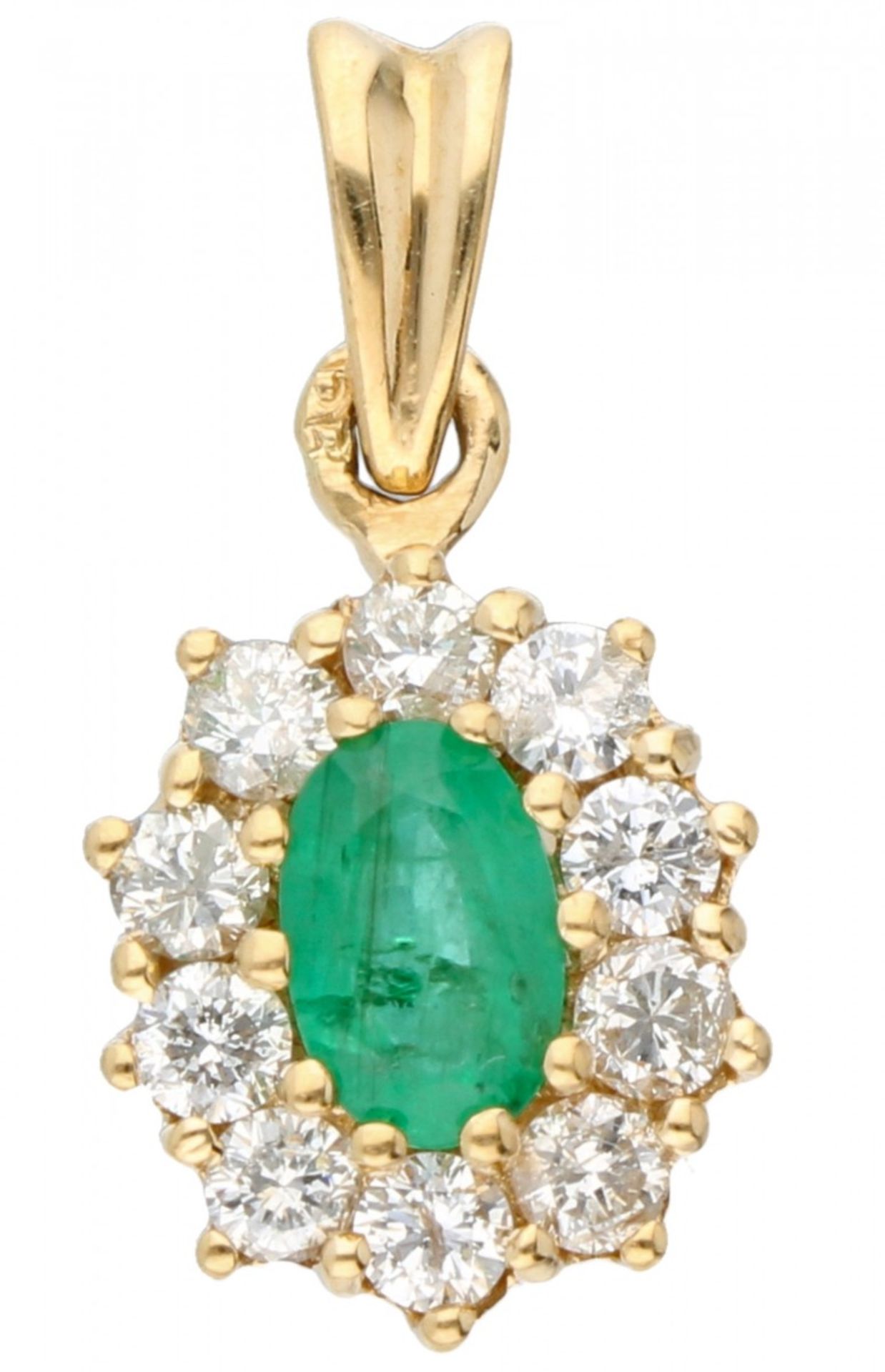 Yellow gold rosette pendant, with approx. 0.40 ct. diamond and natural emerald - 18 ct.