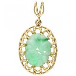 Yellow gold open worked pendant, with carved jade - 14 ct.