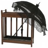 A lace umbrella / parasol and an oakwood umbrella stand, 1st half of the 20th century.
