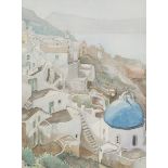 An etching by Jan Montijn, together with a watercolour of a Greek village possibly Santorini by H. L