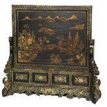 A Chinese lacquer panel with depictions of Chinese landscape and floral decorations, China, 20th cen