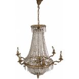 A six light pendant chandelier with glass pendants, France, 1st half 20th century.
