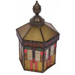 A hexagonal hall lantern with stained glass panels, Dutch, 2nd quarter 20th century.