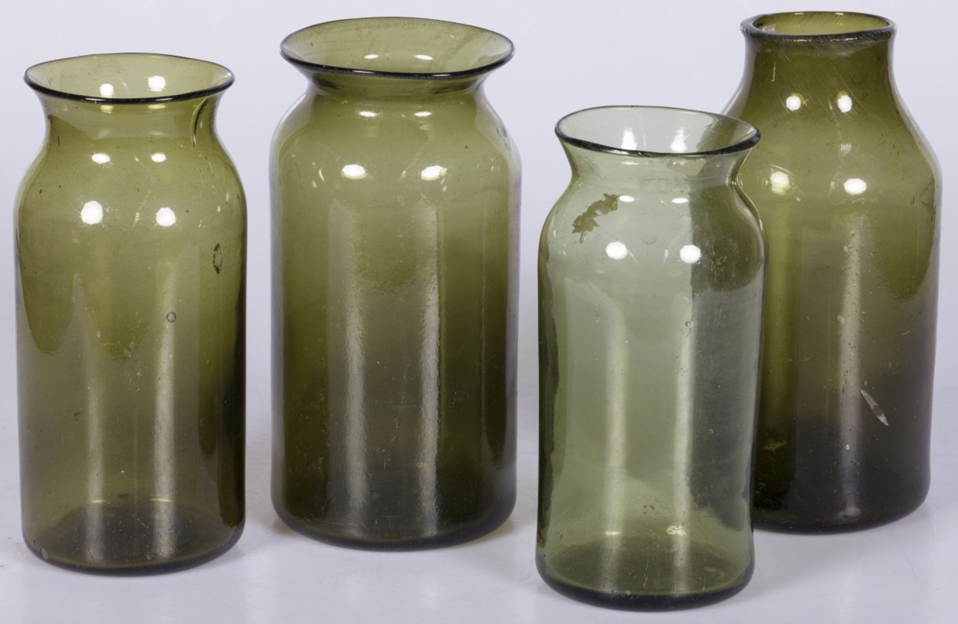 A lot of (4) matching vintage green glass pots, ca. 1920.