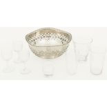 A silvered fruit basket, together with various glasses, Dutch, 20th century.