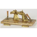 A marble pen tray with bronze heads of horses, ca. 1950.