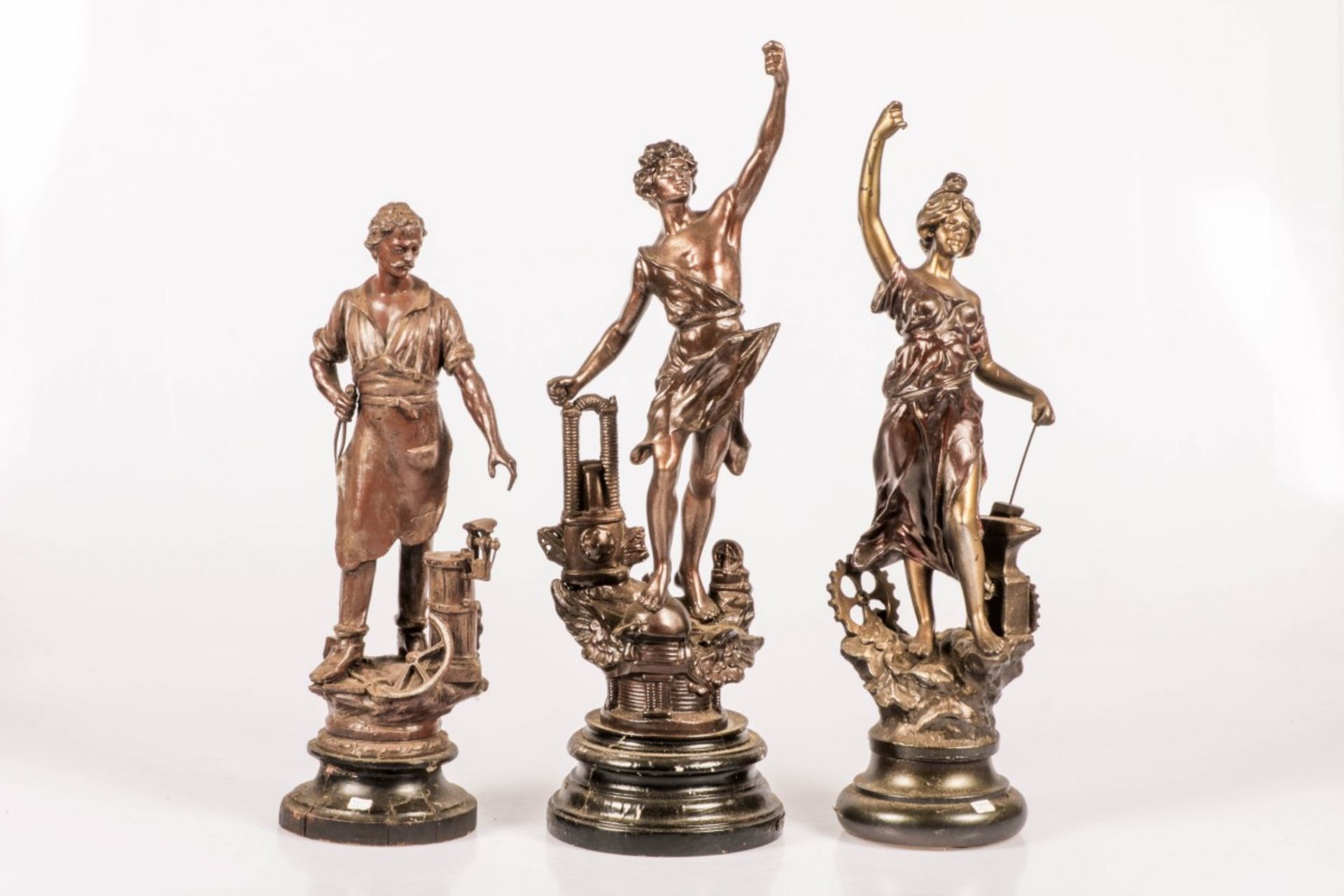 A set of (3) various ZAMAC sculptures, personifications of industriousness, France, late 19th centur