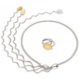 Set of silver Luí ro Italian design flexible necklace and ring set with quartz - 925/1000.