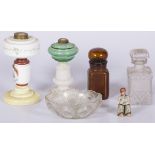 A lot with a.o. (2) opaline oil lamps, a brown glass jar, and a press glass charger.