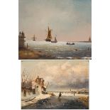A lot comprising (3) oil paintings, 20th C. depicting: A seascape, skaters on the ice and a mother a