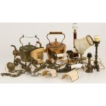 A large lot comprising copperware including wall fittings and a kettle.