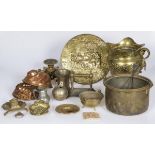 A lot of various copper items a.w. a copper depiction of a company in an inn, an inkwell, a cachepot
