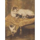 Dutch School, 20th C., A mother cat with kittens on a chair.