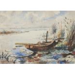 Attributed to Willem Eliza Roelofs (Schaerbeek 1874 - 1940 Den Haag), A small boat in a polder lands
