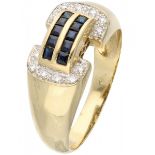 Yellow gold ring set with approx. 0.06 ct. diamond and natural sapphire - 14 ct.