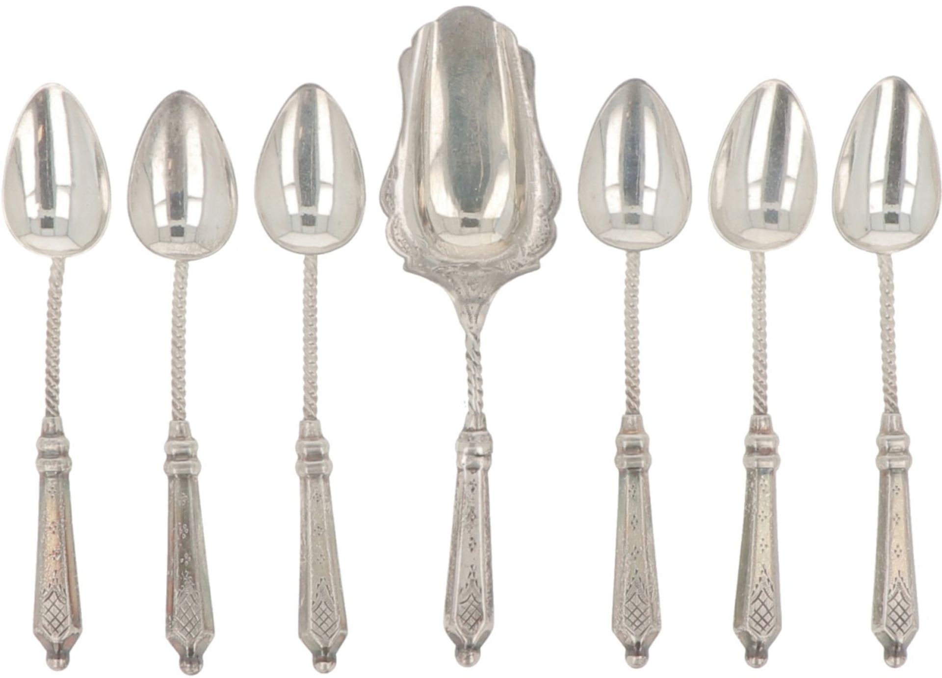 (7) piece set of coffee spoons & sugar scoop, silver.