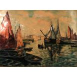 After E. Faurré, A Limoges scene on copper depicting a French harbor, France, 1st half 20th century.