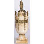 A single marble cassolette crowned with bronze pine cone, circa 1920/'30.