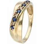 Yellow gold criss cross ring set with diamond and synthetic sapphire - 14 ct.