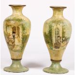 A set of (2) French decorative vases, with cold painted decor of an elegant company, 20th century.