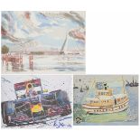 A lot comprising a watercolour, a silkscreen of the Erasmus bridge. Rotterdam, and a Formule One car