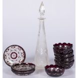 A clot comprising (6) "Bohemian" cut glass bowls, (3) ditto saucers, and one cut glass carafe, early