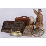 A lot of various items including a gingerbread mould and a wooden sculpture.